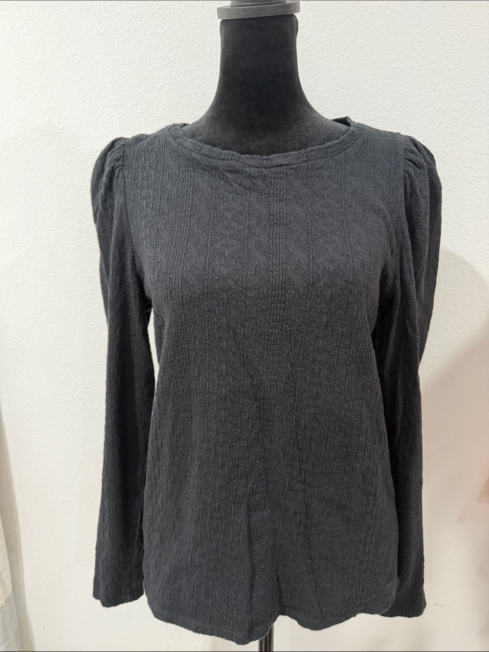 LOFT Black Textured Long Sleeve - Top Size Small - Puff Shoulder